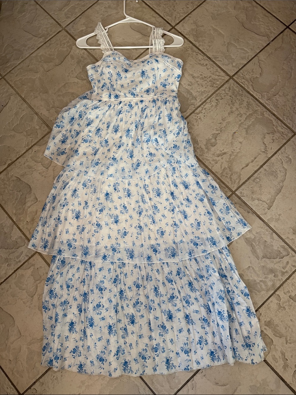 Girls White Sundress with Blue Floral Print and Lace Straps